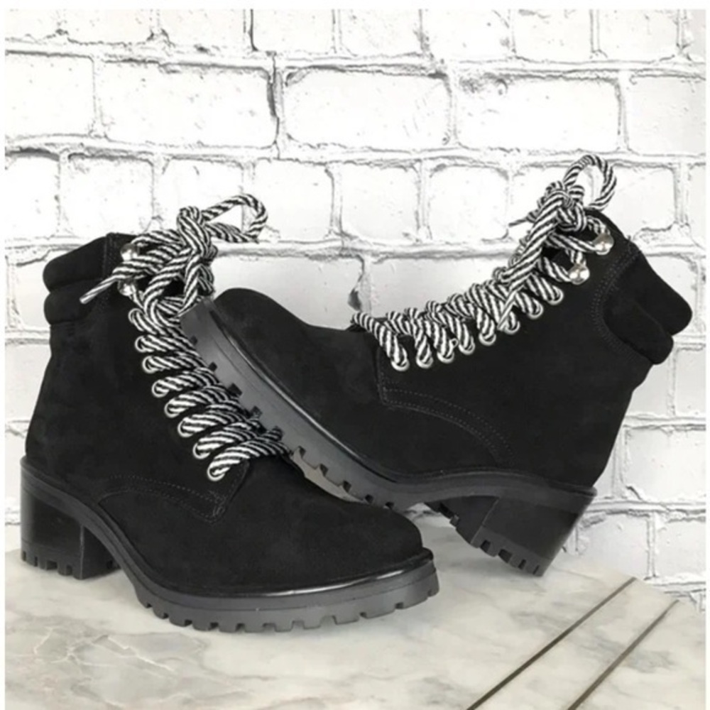 Women's Black Suede Lug Sole Lace-Up Ankle Boots